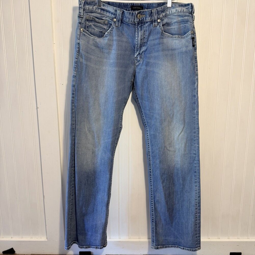 Silver Jeans Co Zac Relax Straight 36x34 Med Blu Wash Distress Denim Pocket Flap